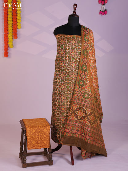 Mustard & Green  Semi patola salwar unstitch with patola floral prints-MEA09030