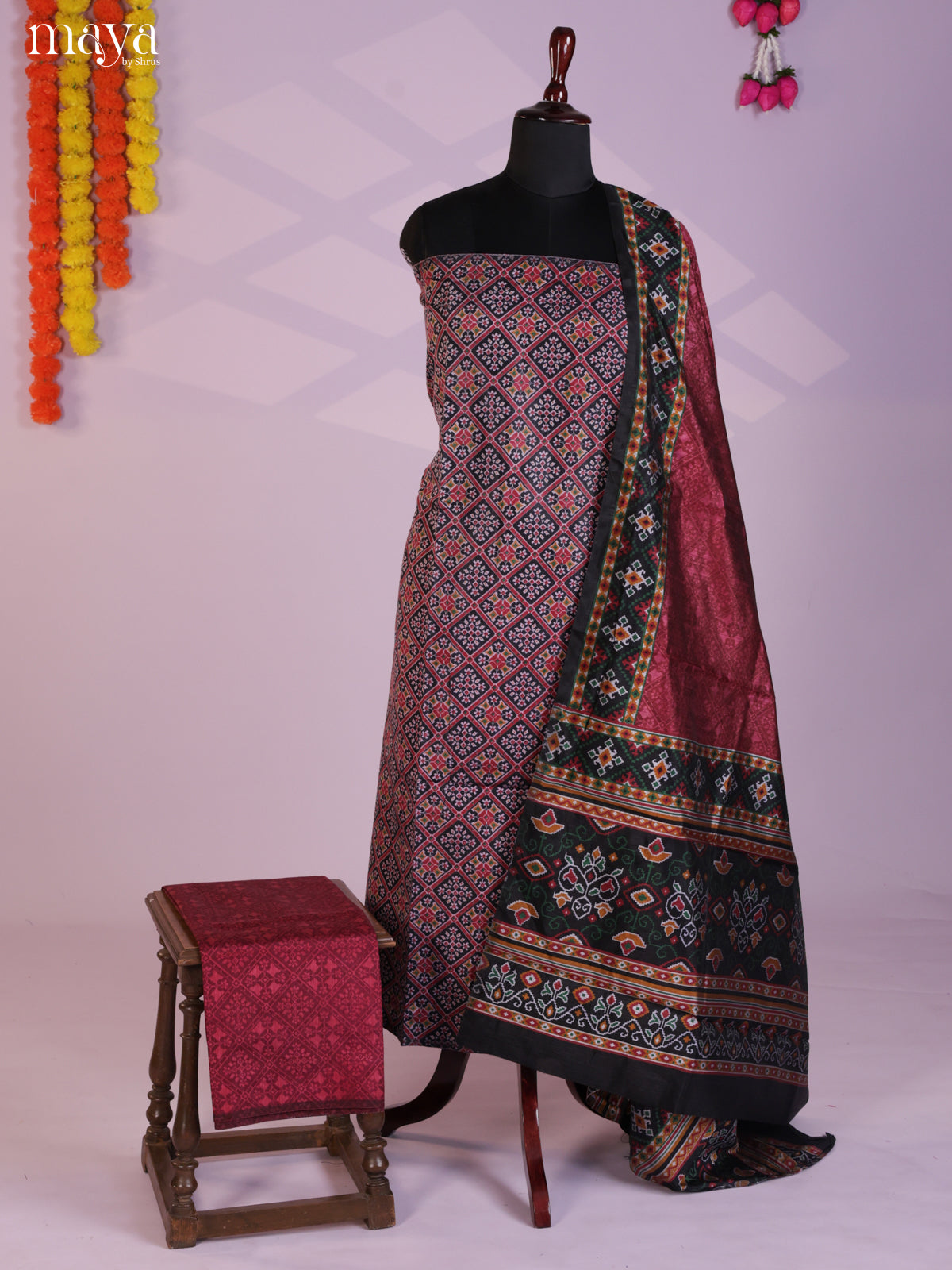 Black & Maroon Semi patola salwar unstitch with floral prints - MEA09031
