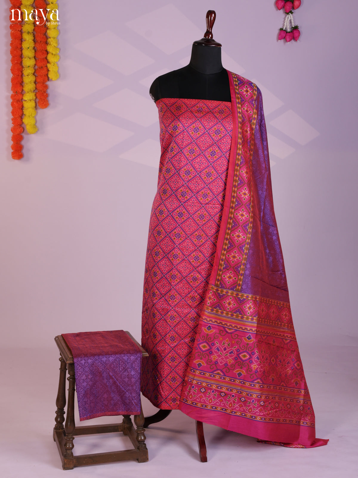 Pink & Purple Semi patola salwar unstitch with floral prints-  MEA09033