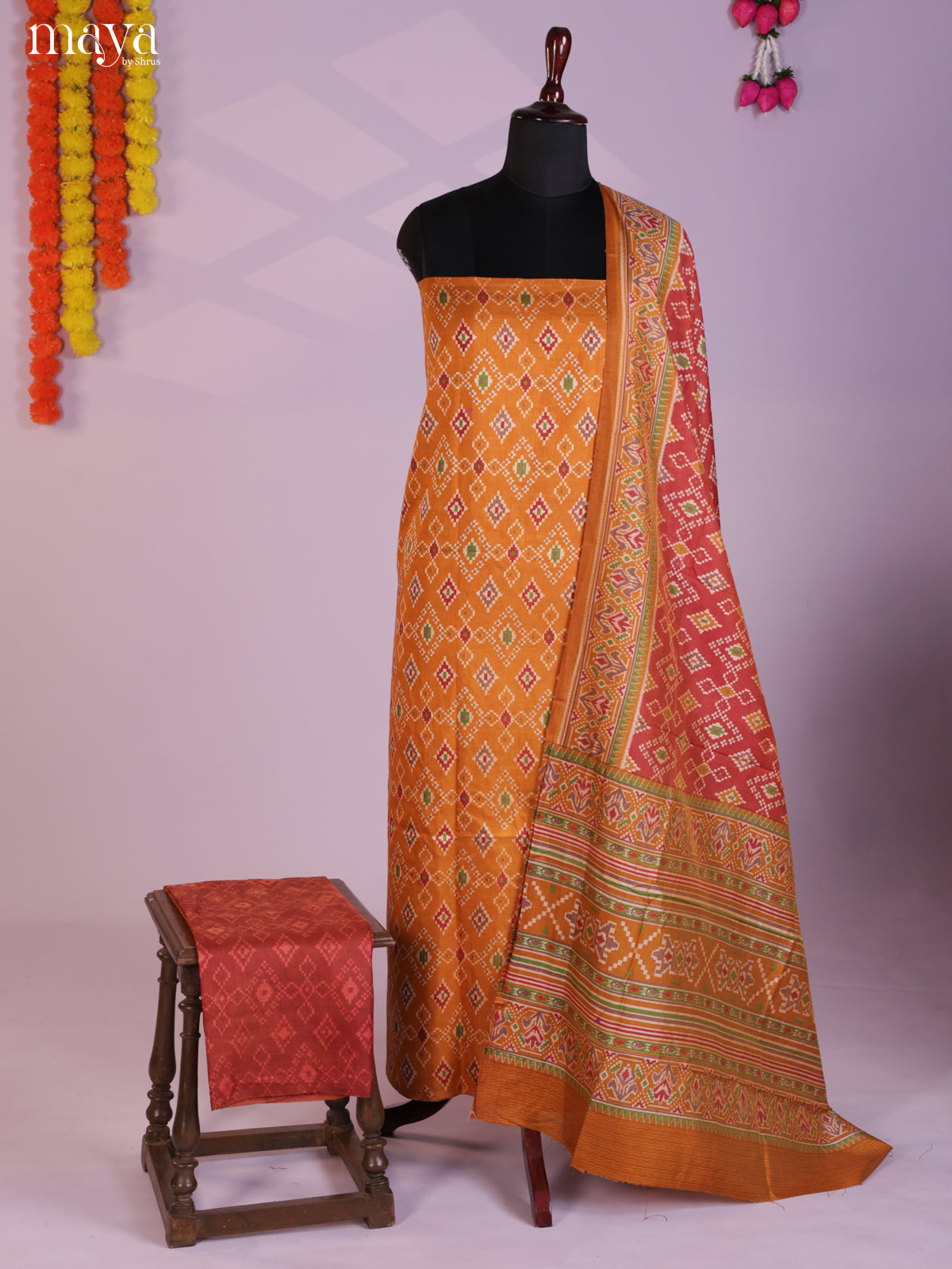 Mustard & Brick Semi patola salwar unstitch with geometric pattern - MEA09034