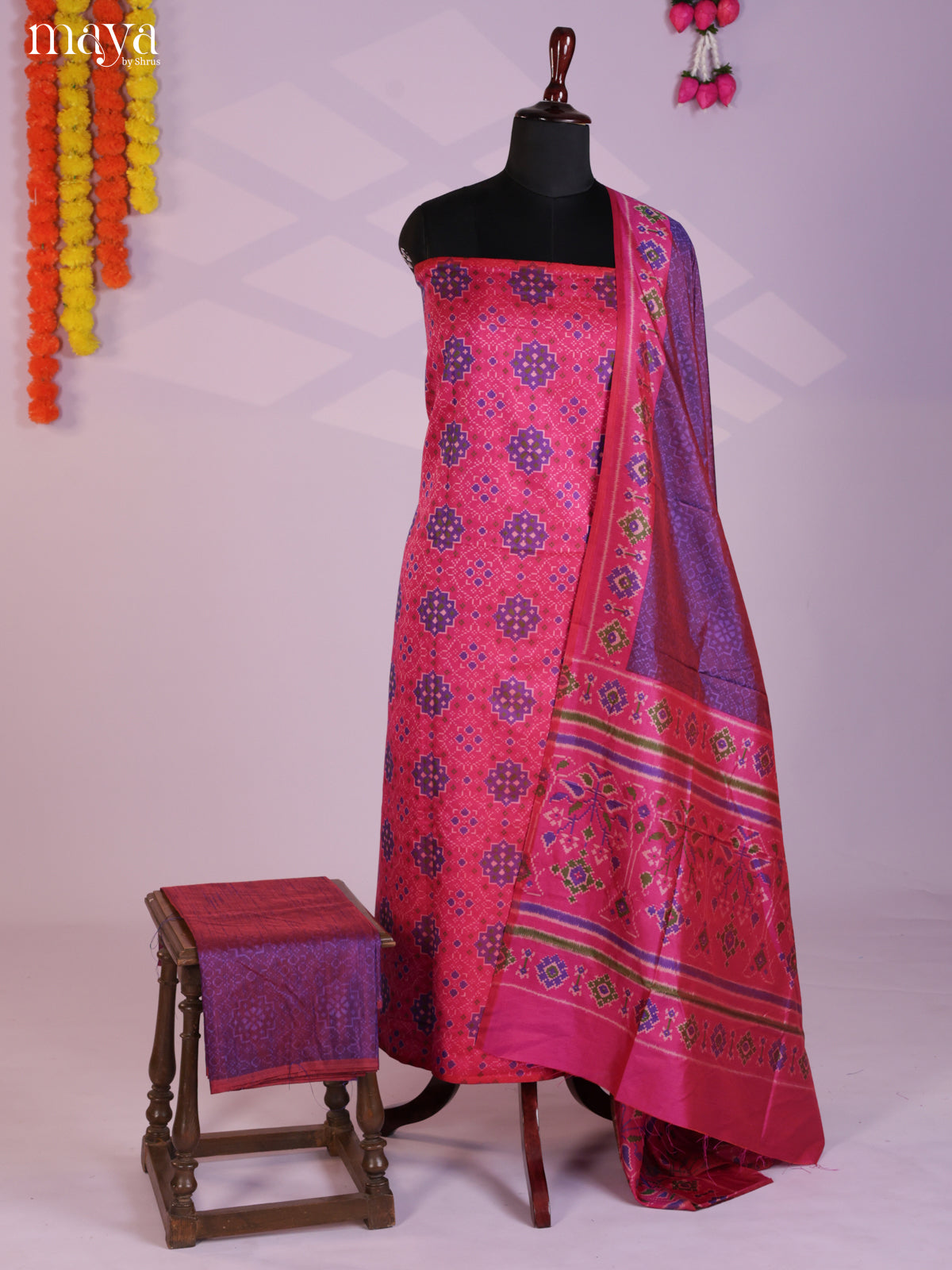 Pretty Pink & Purple Semi patola salwar unstitch with patola floral pattern - MEA09037