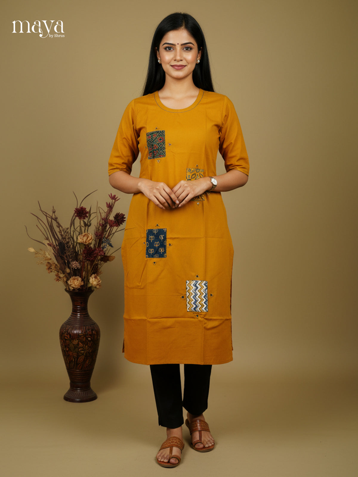 Mustard Cotton Readymade Kurti with ajrakh printed patch - MEA28027