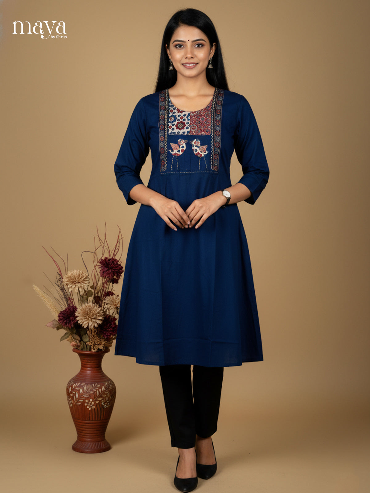 Stylish Blue  Anarkali Cotton Readymade Kurti with ajrakh printed neck yoke  - MEA28032