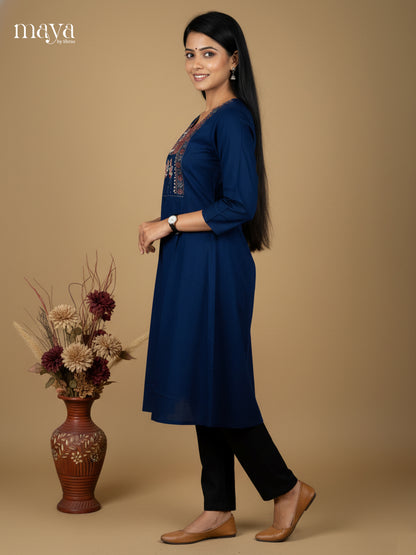 Stylish Blue  Anarkali Cotton Readymade Kurti with ajrakh printed neck yoke  - MEA28032