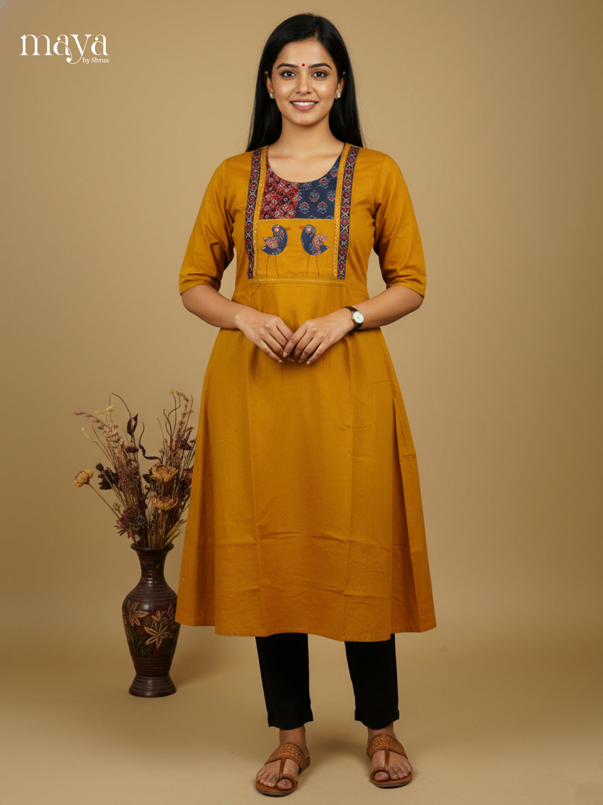 Timeless Mustard  cotton Readymade Kurti  with ajrakh printed neck yoke - MEA28033