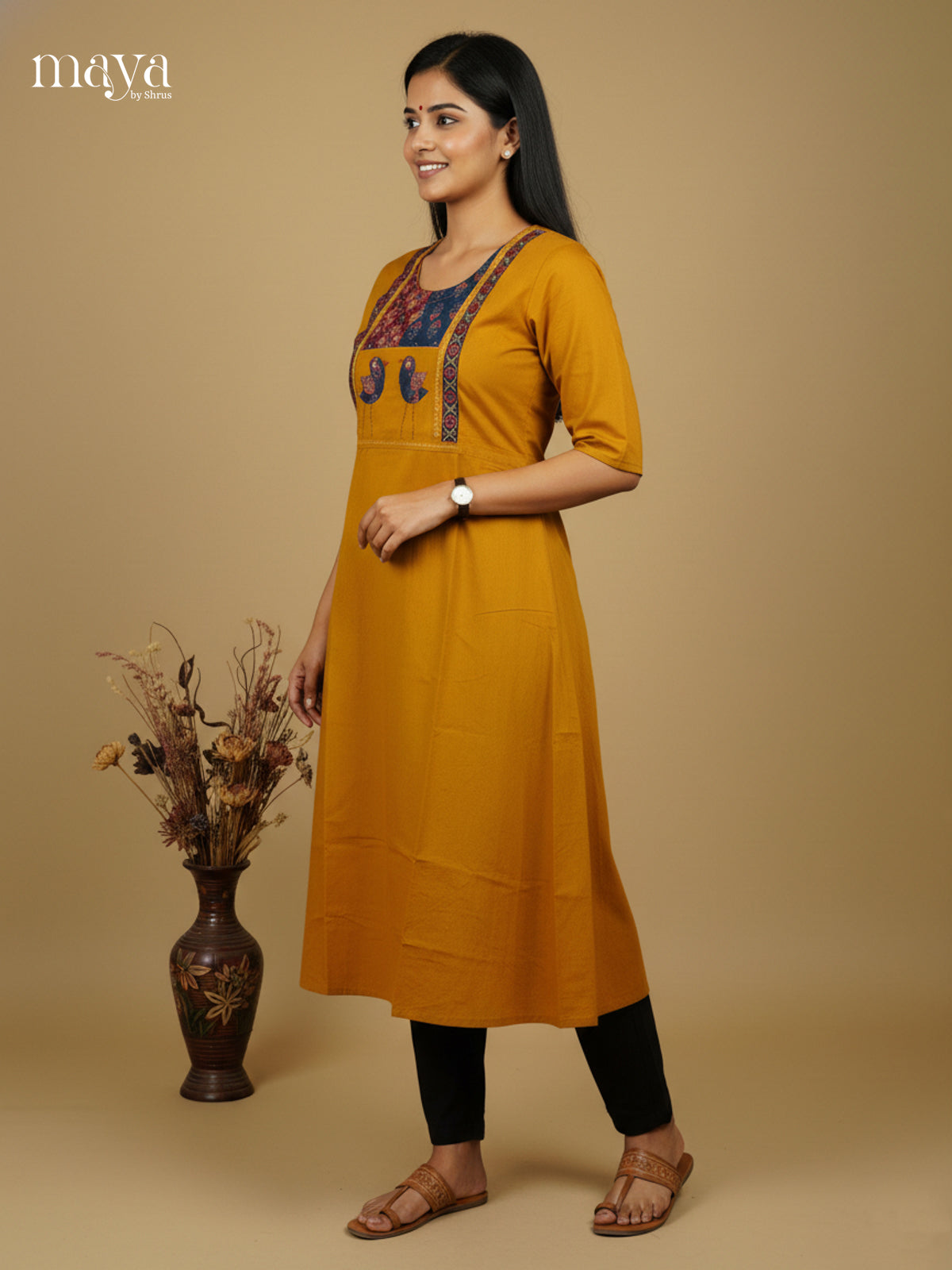 Timeless Mustard  cotton Readymade Kurti  with ajrakh printed neck yoke - MEA28033