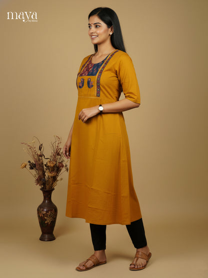 Timeless Mustard  cotton Readymade Kurti  with ajrakh printed neck yoke - MEA28033