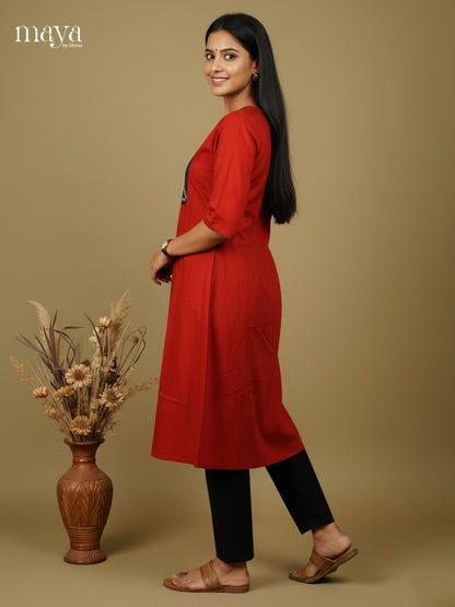 Red & Blue Cotton Readymade Kurti with mirror embroidery  - MEA29003