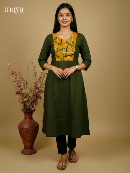 Green & Yellow Anarkali cotton Readymade Kurti  with mirror embroidered neck yoke- MEA29005