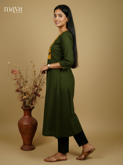 Green & Yellow Anarkali cotton Readymade Kurti  with mirror embroidered neck yoke- MEA29005