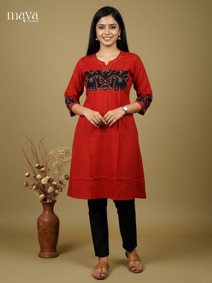 Brick Red & Black Cotton Readymade Kurti with elephant patch work  - MEA29007