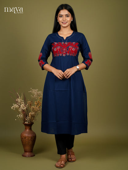 Blue & Red Cotton Anarkali Readymade Kurti with elephant patch work - MEA29010