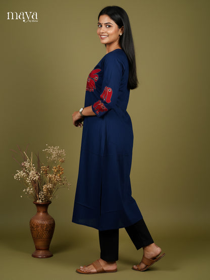 Blue & Red Cotton Anarkali Readymade Kurti with elephant patch work - MEA29010
