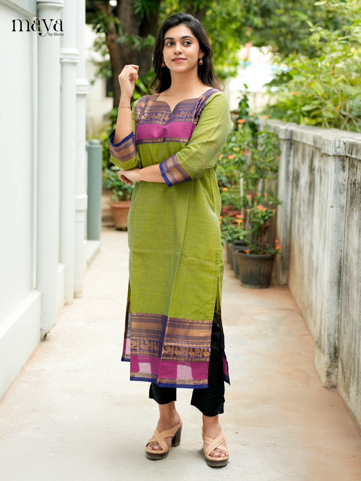 Leaf Green & Blue  Chettinad Cotton Readymade Kurti - MEB02026