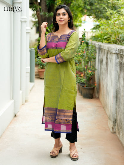 Leaf Green & Blue  Chettinad Cotton Readymade Kurti - MEB02026