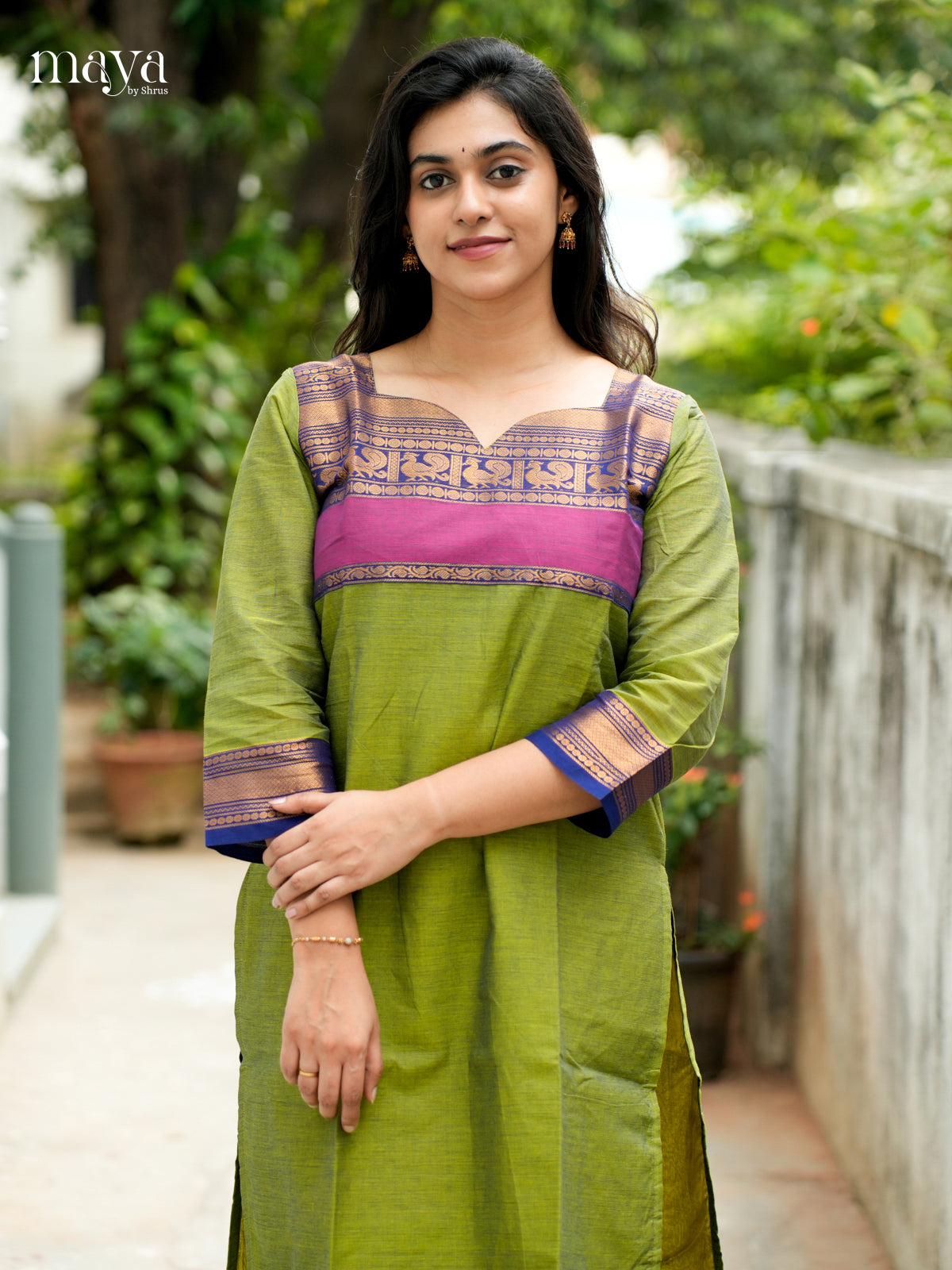 Leaf Green & Blue  Chettinad Cotton Readymade Kurti - MEB02026