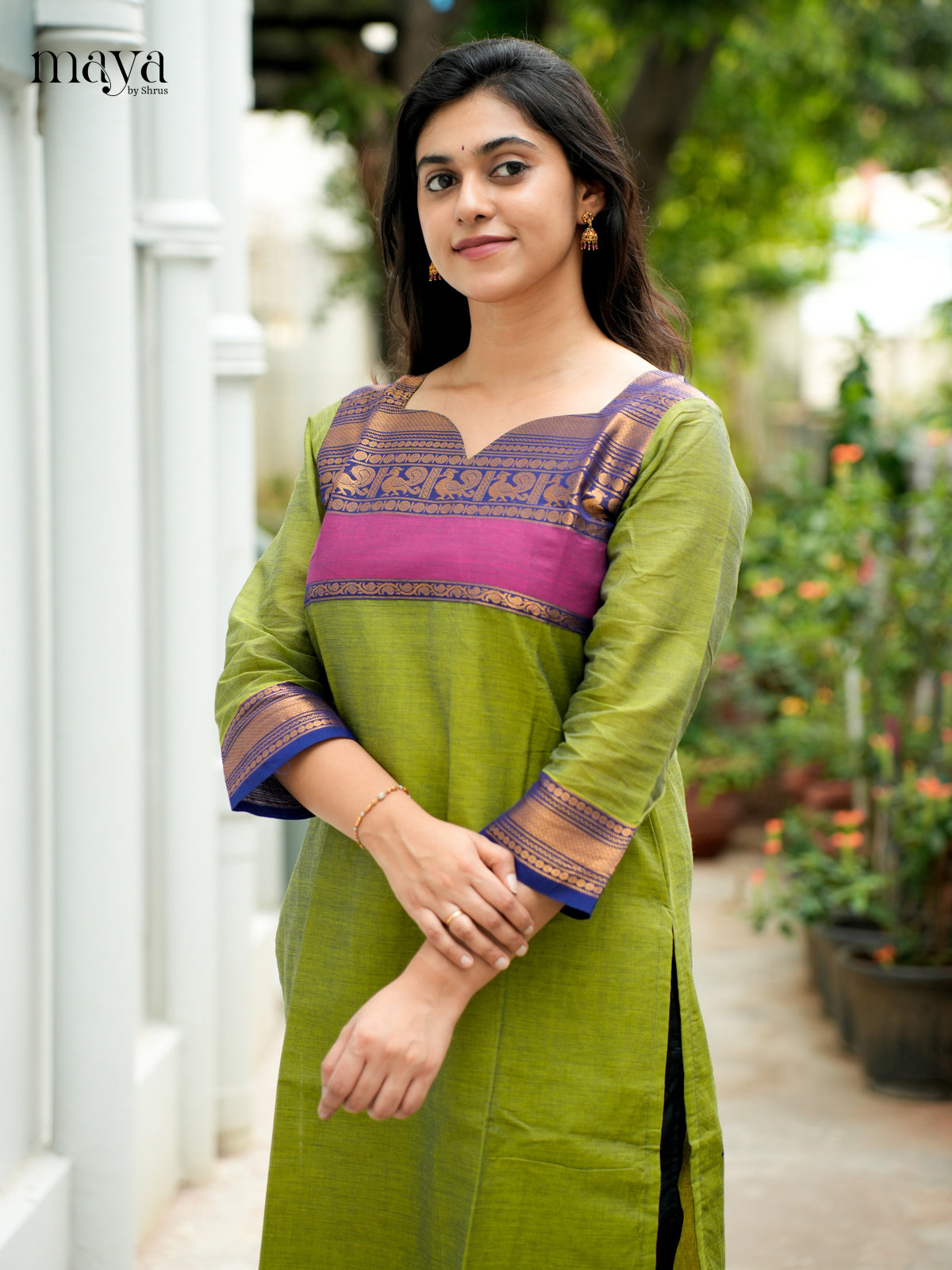 Leaf Green & Blue  Chettinad Cotton Readymade Kurti - MEB02026
