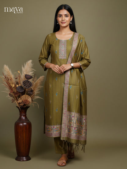 Beautiful Olive Green Madhubani printed Semi Tussar Readymade 3PC Suits - MEB07011