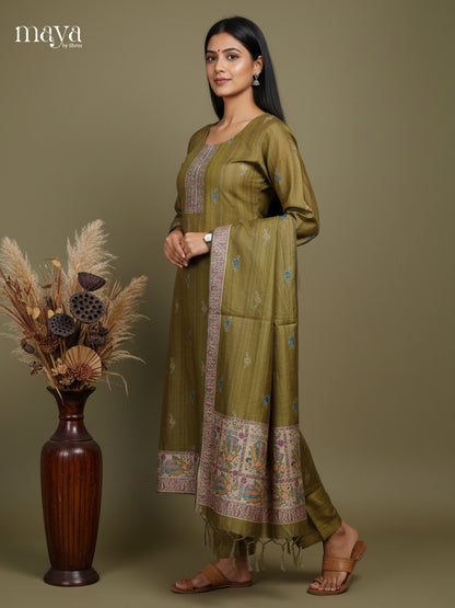 Beautiful Olive Green Madhubani printed Semi Tussar Readymade 3PC Suits - MEB07011