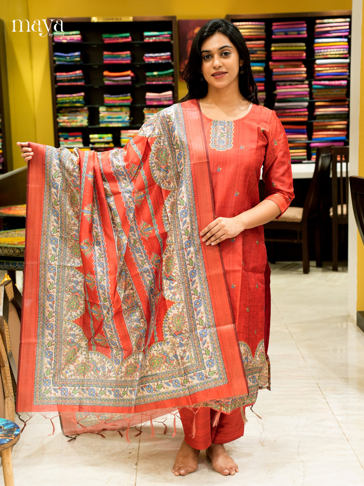 Bright Red Madhubani printed Semi Tussar Readymade 3PC Suits - MEB07012
