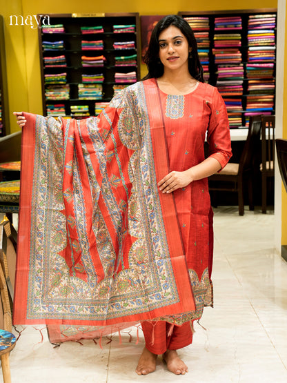 Bright Red Madhubani printed Semi Tussar Readymade 3PC Suits - MEB07012