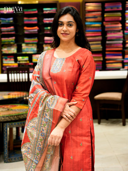 Bright Red Madhubani printed Semi Tussar Readymade 3PC Suits - MEB07012