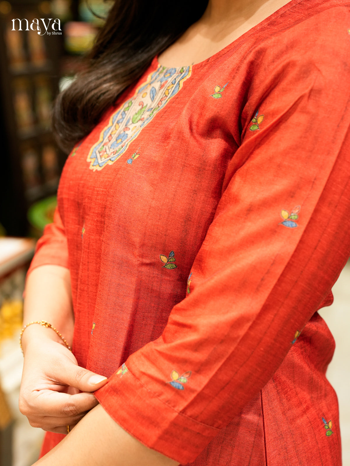 Bright Red Madhubani printed Semi Tussar Readymade 3PC Suits - MEB07012