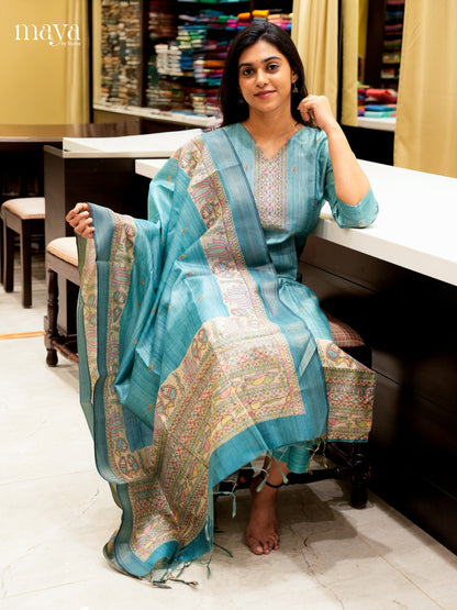 Graceful Blue Madhubani printed Semi Tussar Readymade 3PC Suits - MEB07017