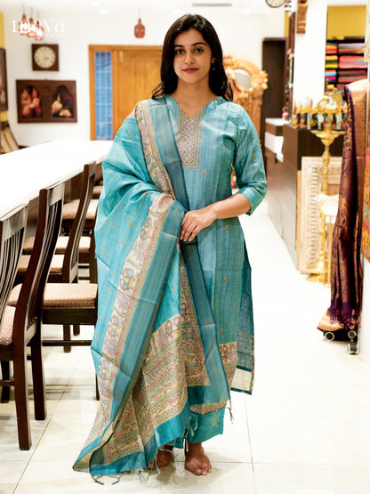Graceful Blue Madhubani printed Semi Tussar Readymade 3PC Suits - MEB07017