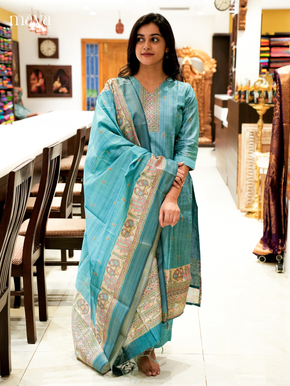 Graceful Blue Madhubani printed Semi Tussar Readymade 3PC Suits - MEB07017