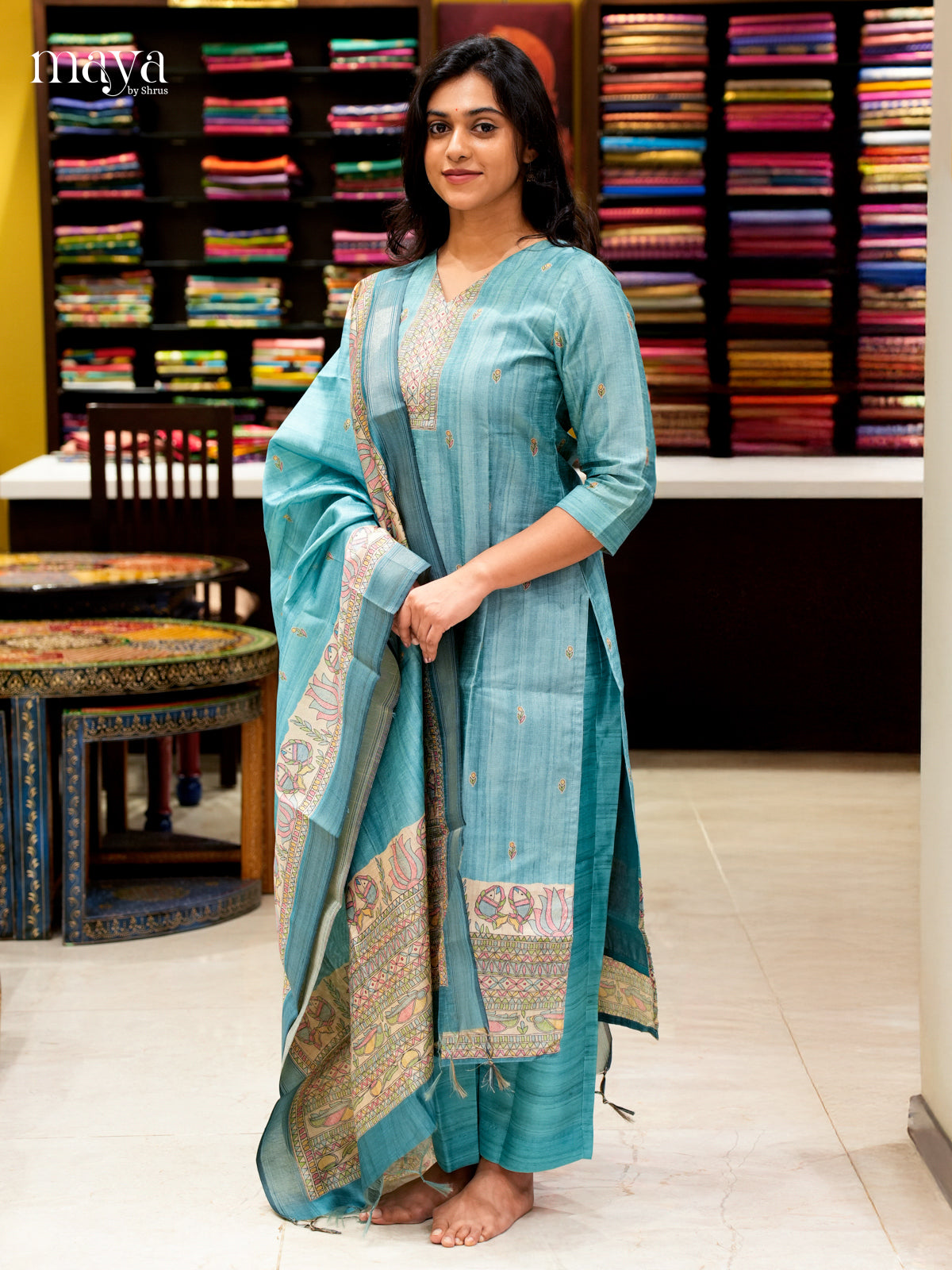 Graceful Blue Madhubani printed Semi Tussar Readymade 3PC Suits - MEB07017