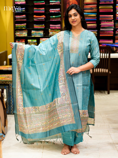 Graceful Blue Madhubani printed Semi Tussar Readymade 3PC Suits - MEB07017