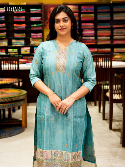 Graceful Blue Madhubani printed Semi Tussar Readymade 3PC Suits - MEB07017