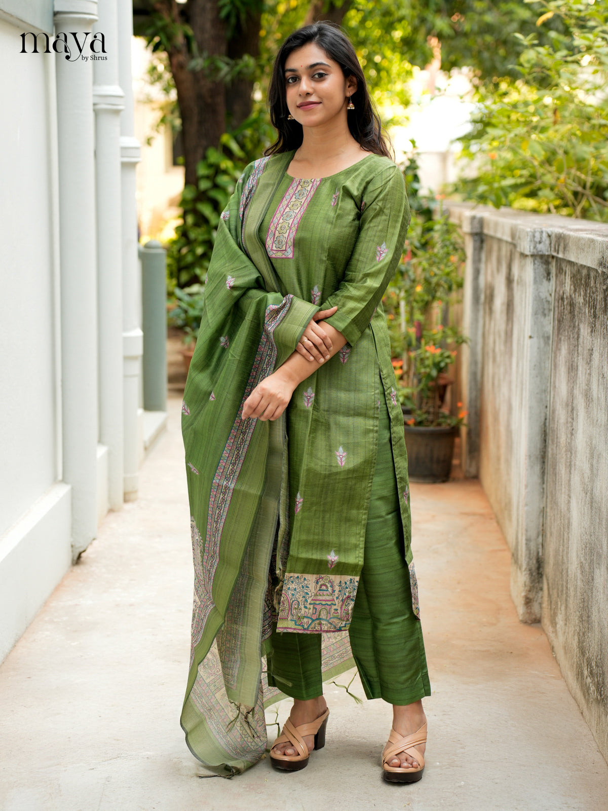 Green Madhubani printed Semi Tussar Readymade 3PC Suits - MEB07019