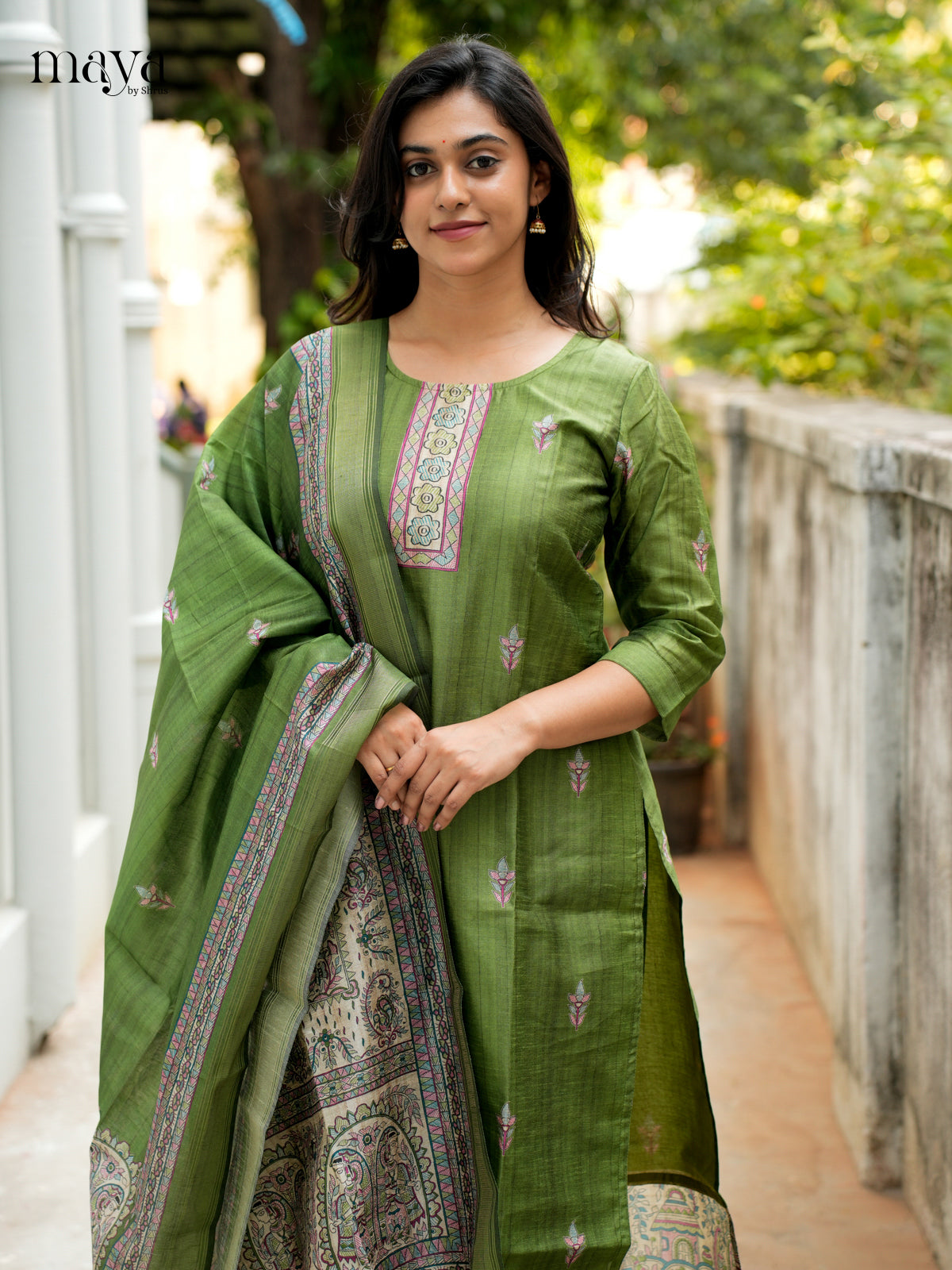 Green Madhubani printed Semi Tussar Readymade 3PC Suits - MEB07019