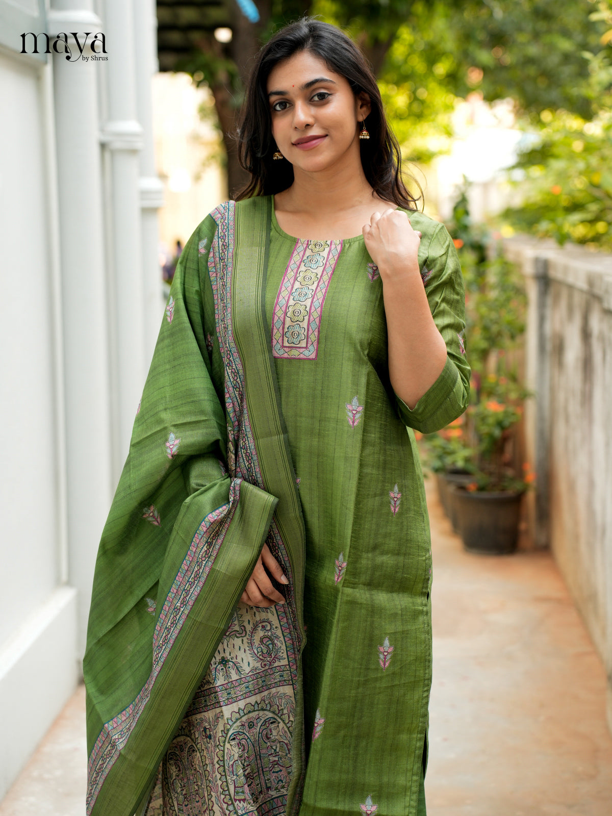 Green Madhubani printed Semi Tussar Readymade 3PC Suits - MEB07019