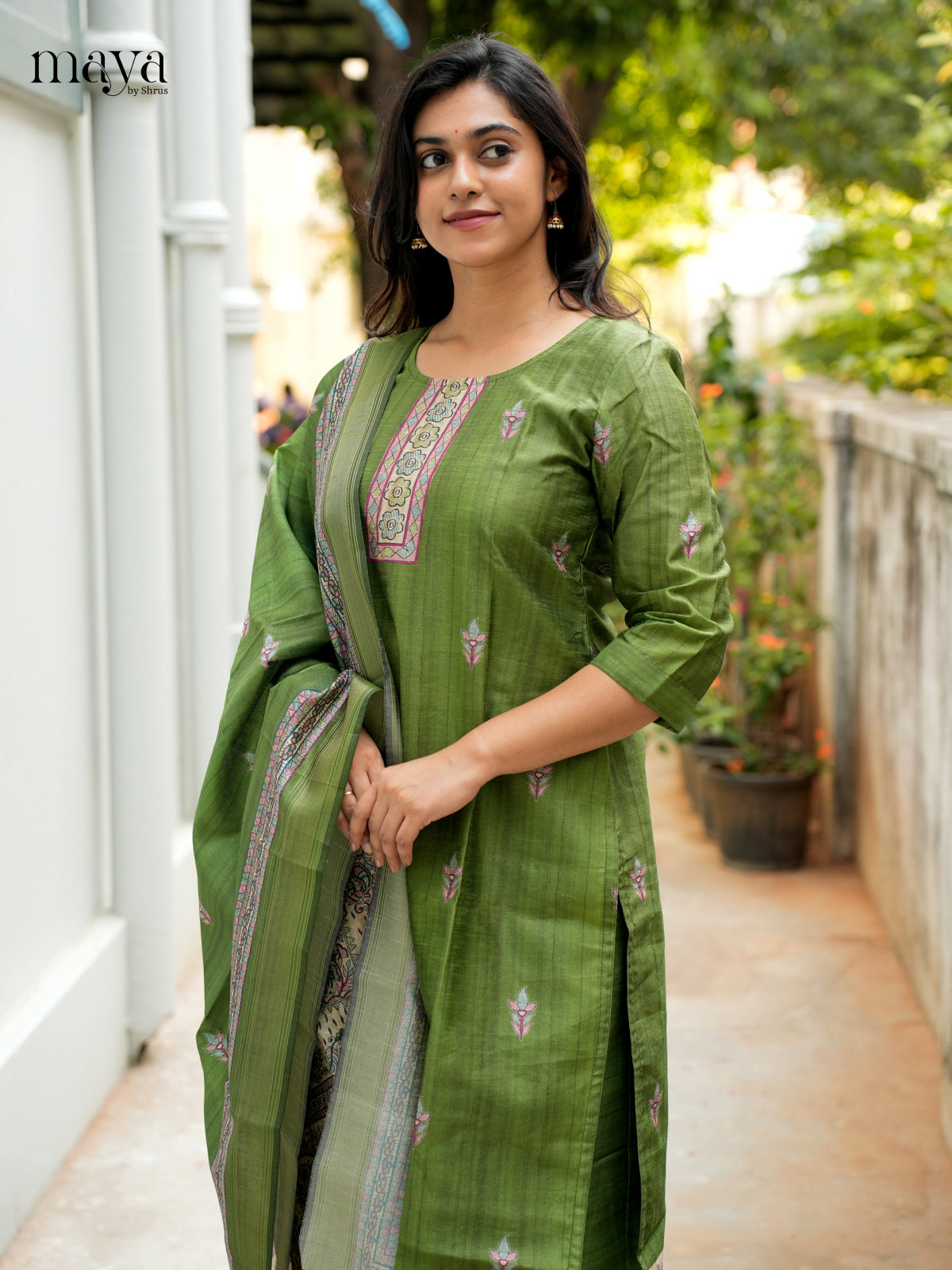 Green Madhubani printed Semi Tussar Readymade 3PC Suits - MEB07019
