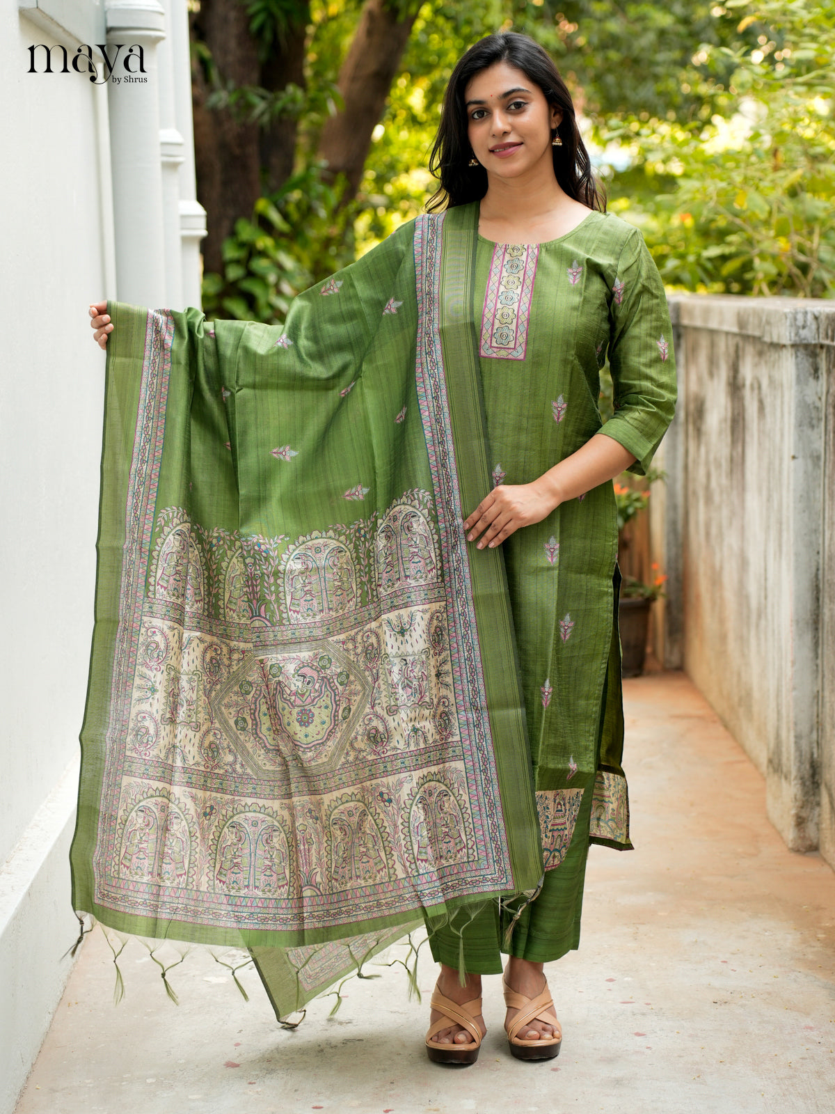Green Madhubani printed Semi Tussar Readymade 3PC Suits - MEB07019