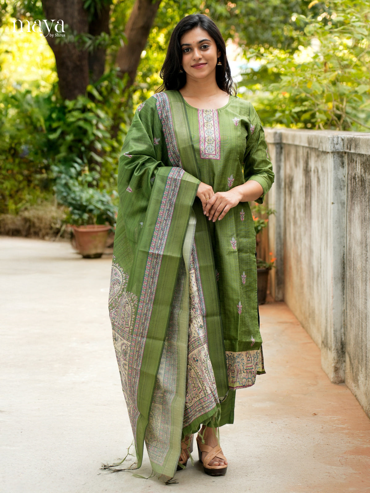 Green Madhubani printed Semi Tussar Readymade 3PC Suits - MEB07019
