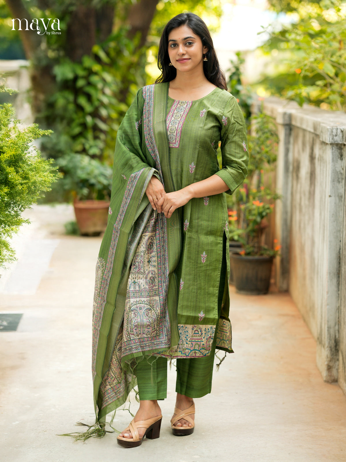 Green Madhubani printed Semi Tussar Readymade 3PC Suits - MEB07019