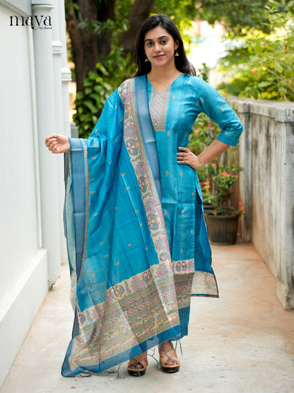 Vibrant Blue Madhubani printed Semi Tussar Readymade 3PC Suits - MEB07027