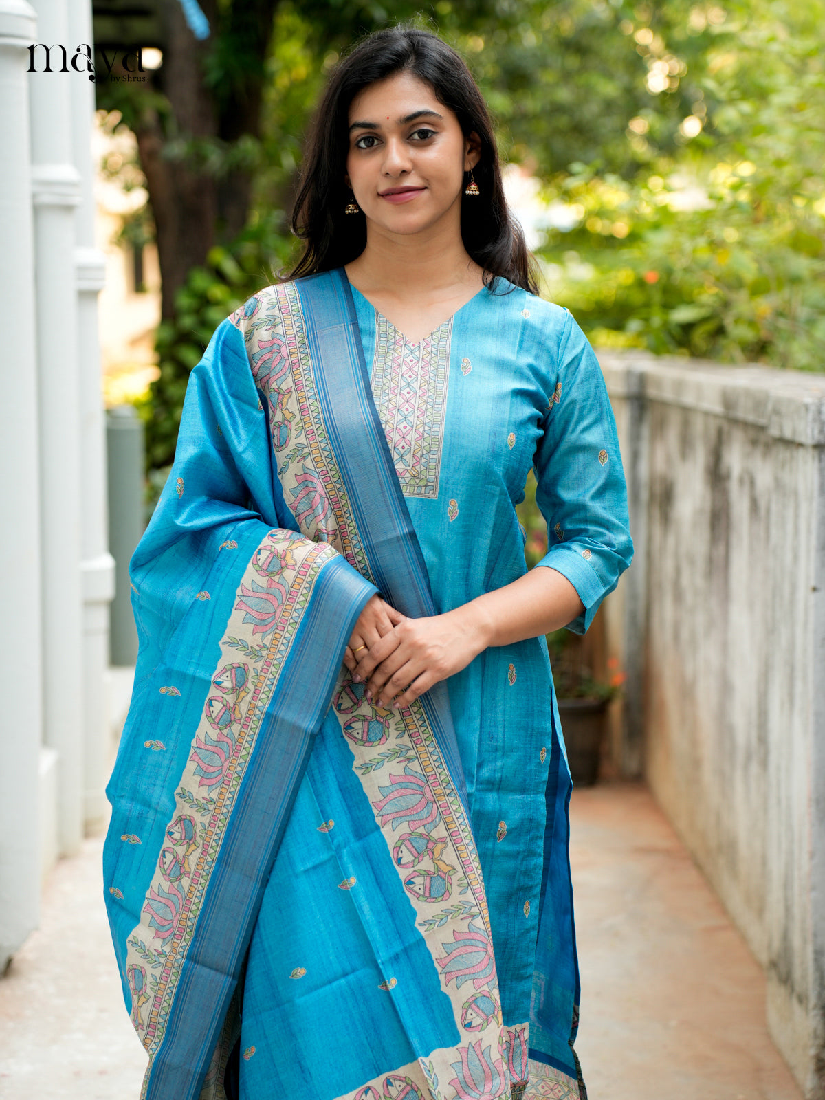 Vibrant Blue Madhubani printed Semi Tussar Readymade 3PC Suits - MEB07027
