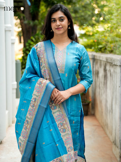 Vibrant Blue Madhubani printed Semi Tussar Readymade 3PC Suits - MEB07027