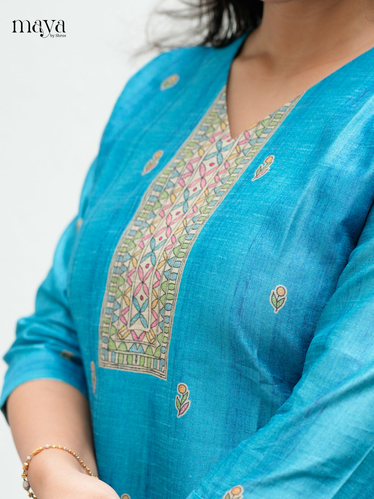 Vibrant Blue Madhubani printed Semi Tussar Readymade 3PC Suits - MEB07027