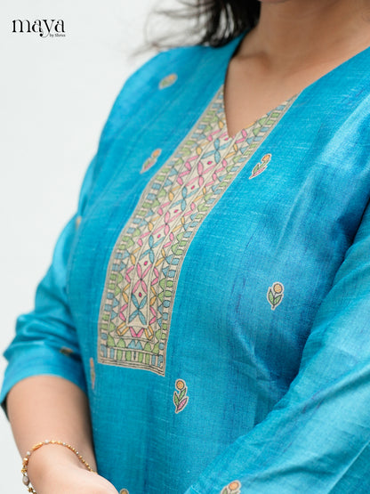Vibrant Blue Madhubani printed Semi Tussar Readymade 3PC Suits - MEB07027