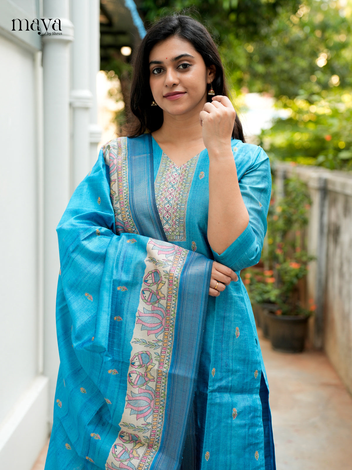 Vibrant Blue Madhubani printed Semi Tussar Readymade 3PC Suits - MEB07027