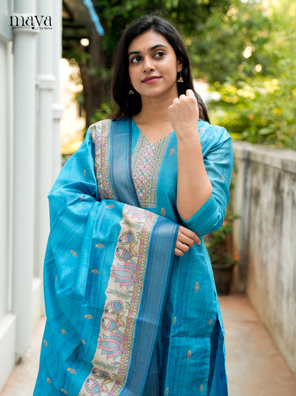 Vibrant Blue Madhubani printed Semi Tussar Readymade 3PC Suits - MEB07027
