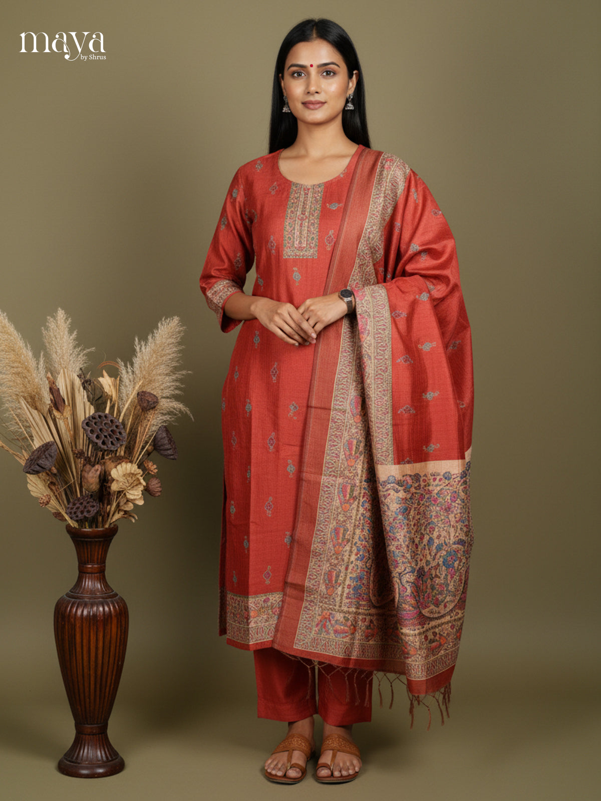 Classy Red Madhubani printed Semi Tussar Readymade 3PC Suits - MEB07028