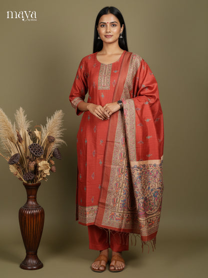 Classy Red Madhubani printed Semi Tussar Readymade 3PC Suits - MEB07028