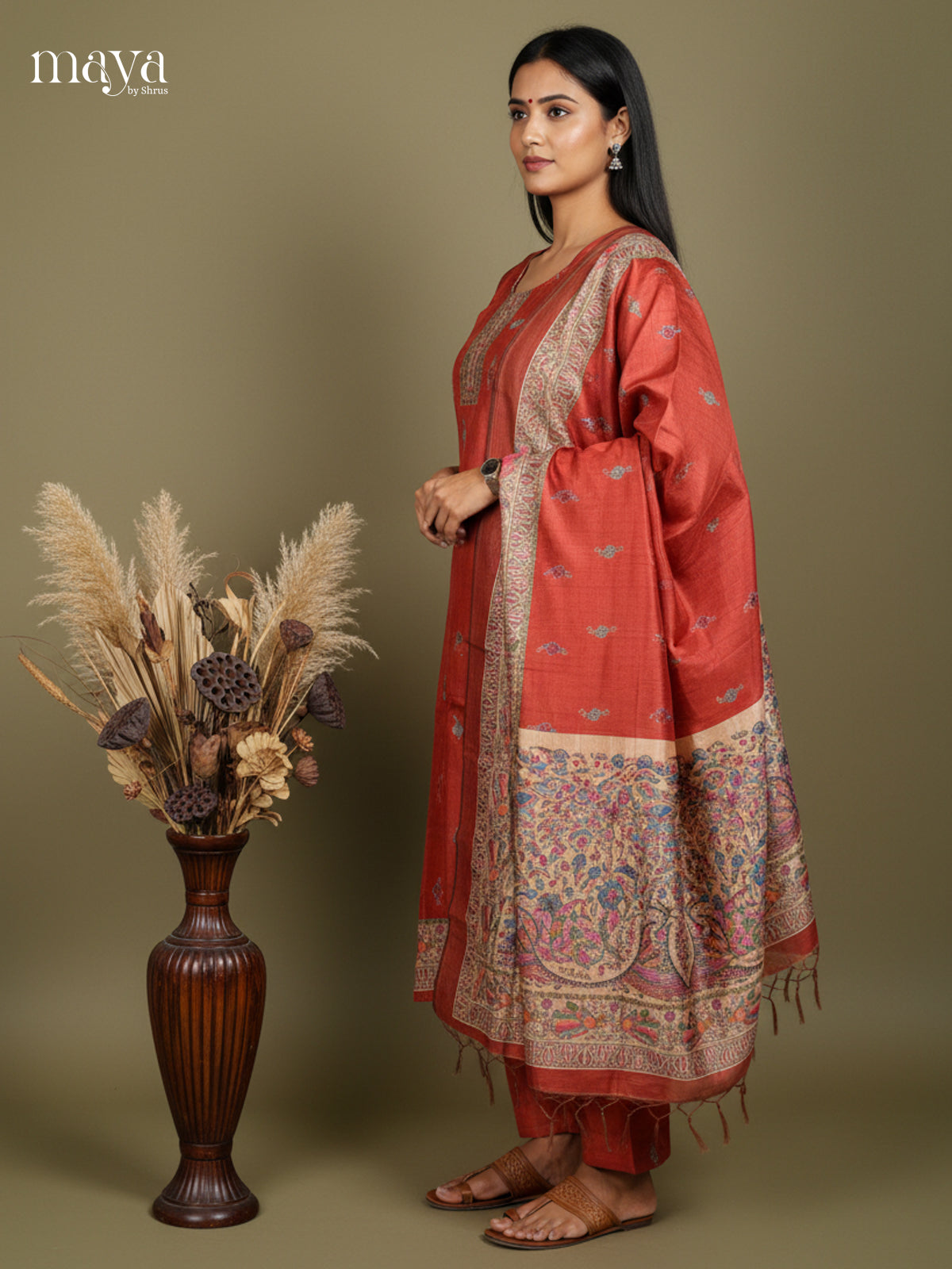 Classy Red Madhubani printed Semi Tussar Readymade 3PC Suits - MEB07028